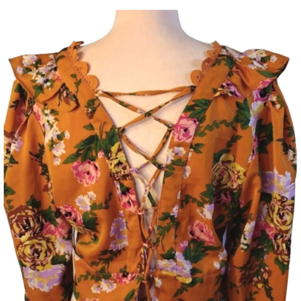 Milk & Honey Rustic Floral Lace Up Ruffled Long Sleeve Crop Blouse Large NWOT - Picture 13 of 15